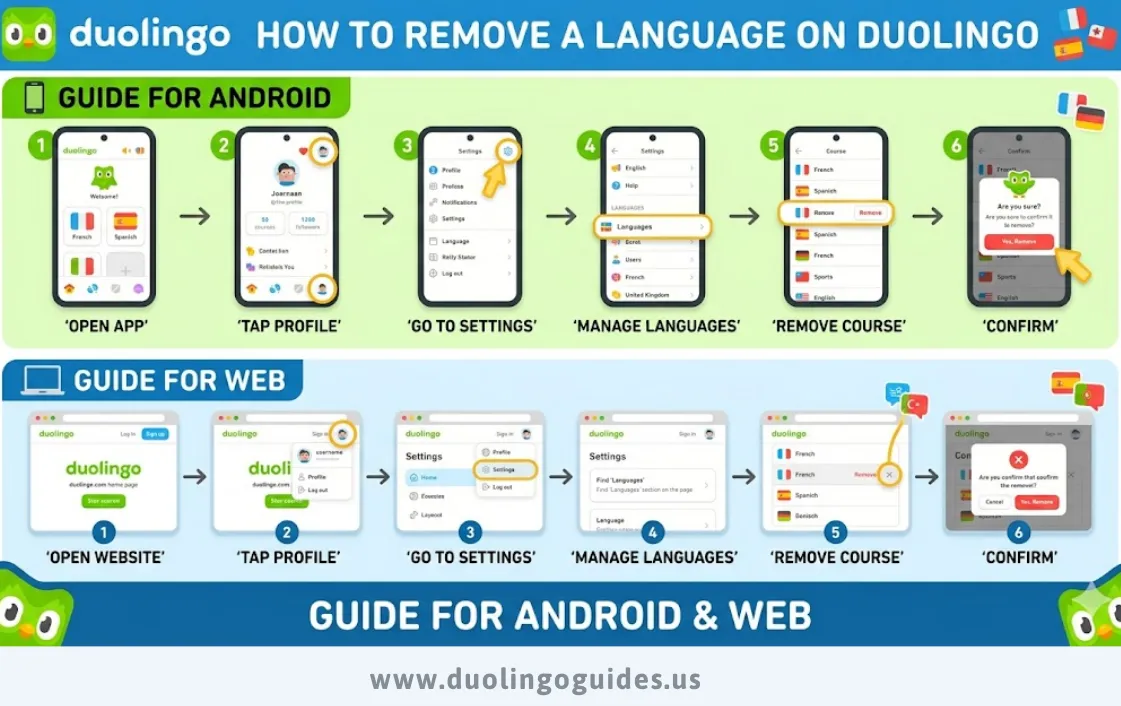 how to remove a language on duolingo - guide for android & web